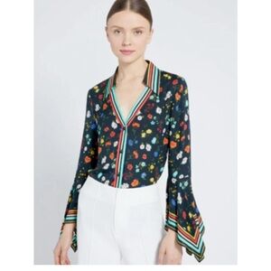 Alice and Olivia Randa Floral Bell-Sleeve Blouse woman’s small Vneck colorful